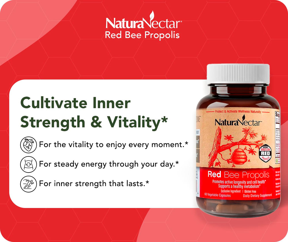 NaturaNectar Red Bee Propolis capsules NSF seal signals trusted quality.