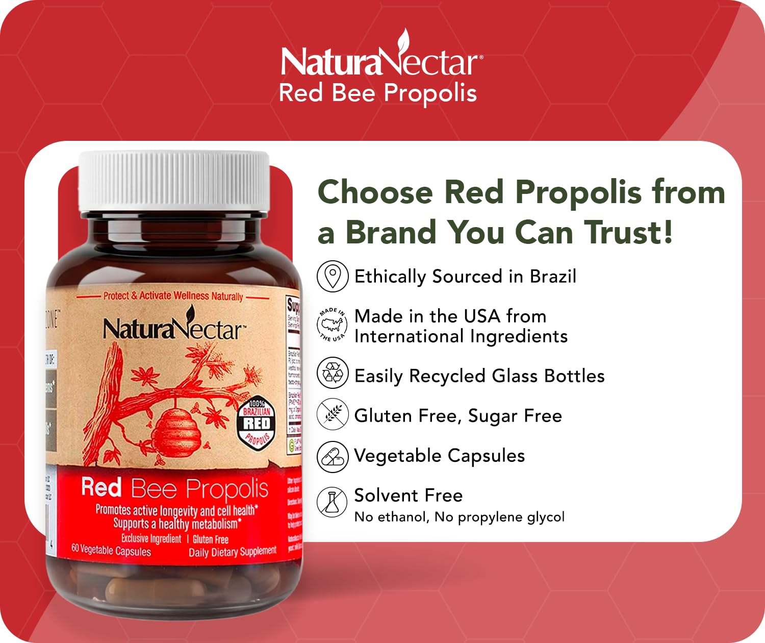 NaturaNectar Red Bee Propolis capsules pour demonstrates convenient on-the-go use.