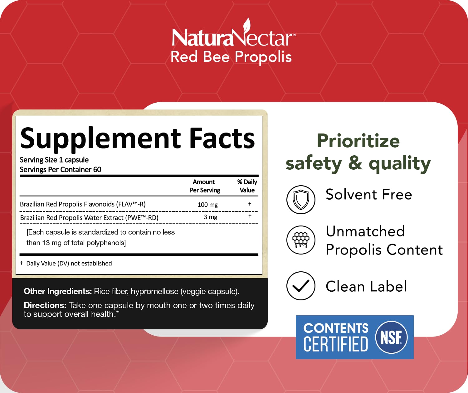 NaturaNectar Red Bee Propolis capsules vegetable capsules emphasize gluten-free formulation.