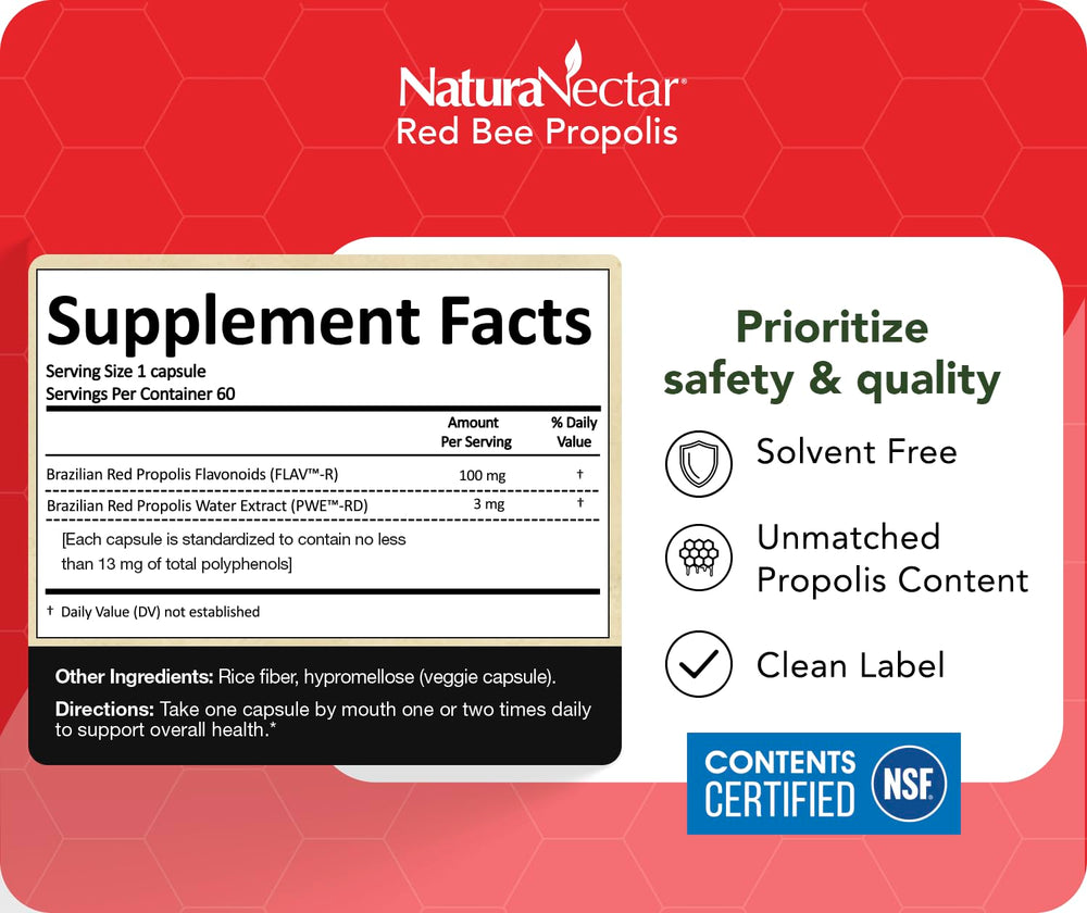 NaturaNectar Red Bee Propolis capsules vegetable capsules emphasize gluten-free formulation.