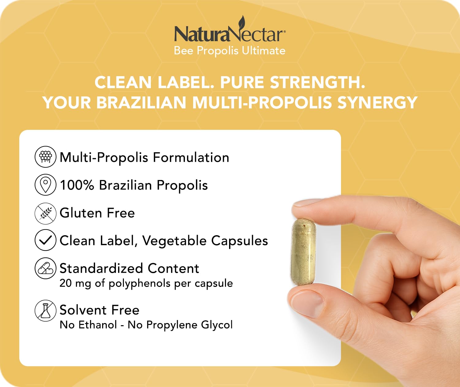 NaturaNectar propolis capsules label close-up highlighting NSF-certified quality