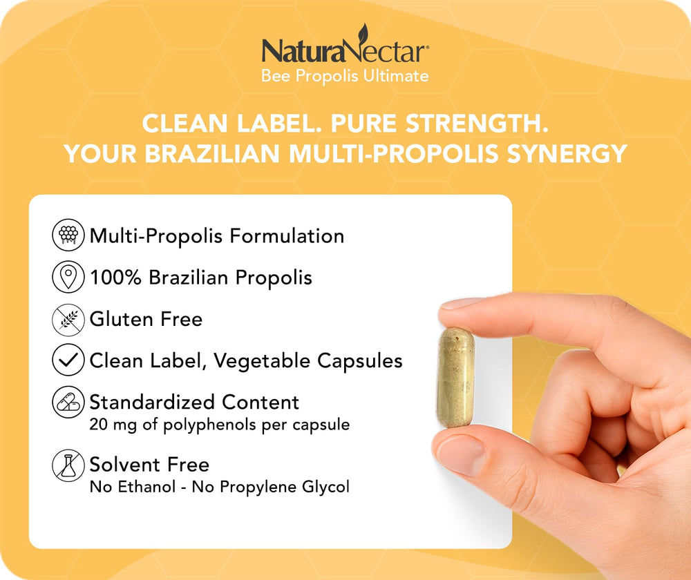 NaturaNectar propolis capsules label close-up highlighting NSF-certified quality