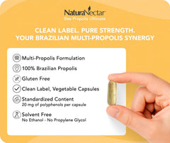 NaturaNectar propolis capsules label close-up highlighting NSF-certified quality