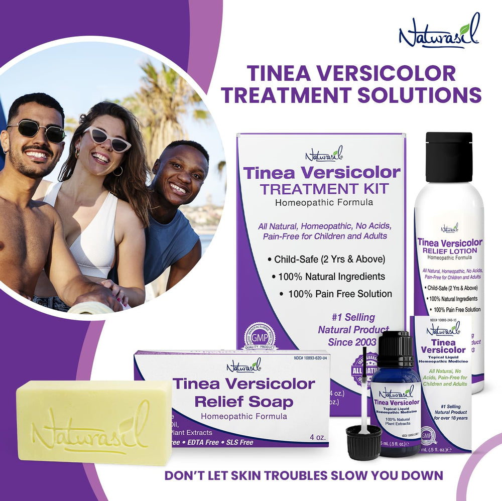 Naturasil Tinea Versicolor pack back view displaying the full home treatment bundle for spots