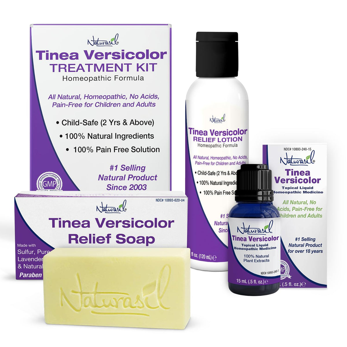 Naturasil Tinea Versicolor pack front view showing complete natural spot care set for skin