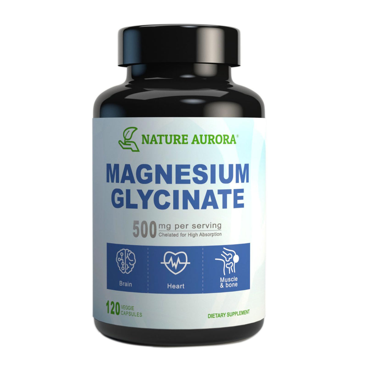 Nature Aurora magnesium glycinate 500mg capsules bottle for easy daily use