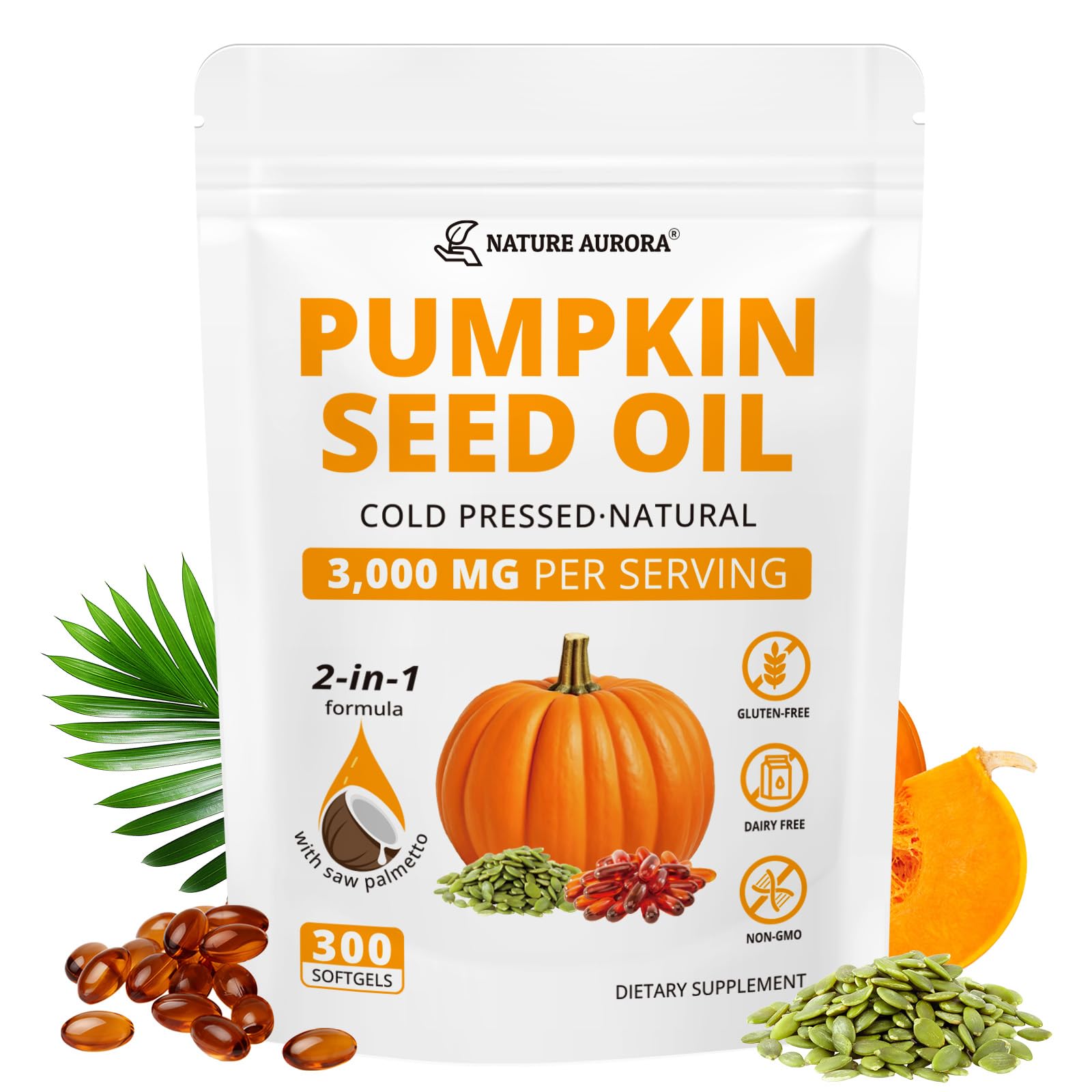 Nature Aurora pumpkin seed oil softgels bottle on white background for daily wellness