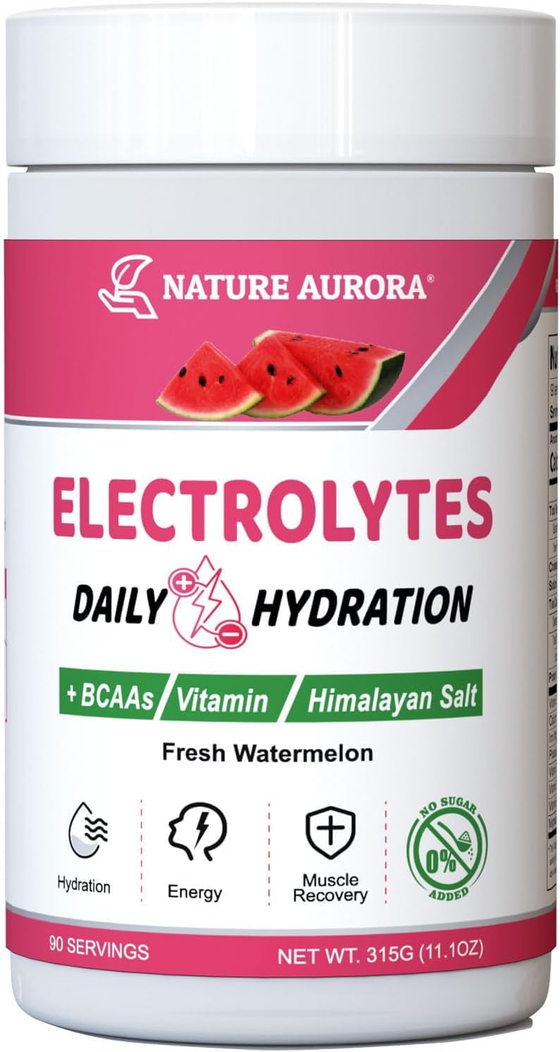 Nature Aurora Watermelon Electrolyte Powder jar for refreshing hydration with zero sugar