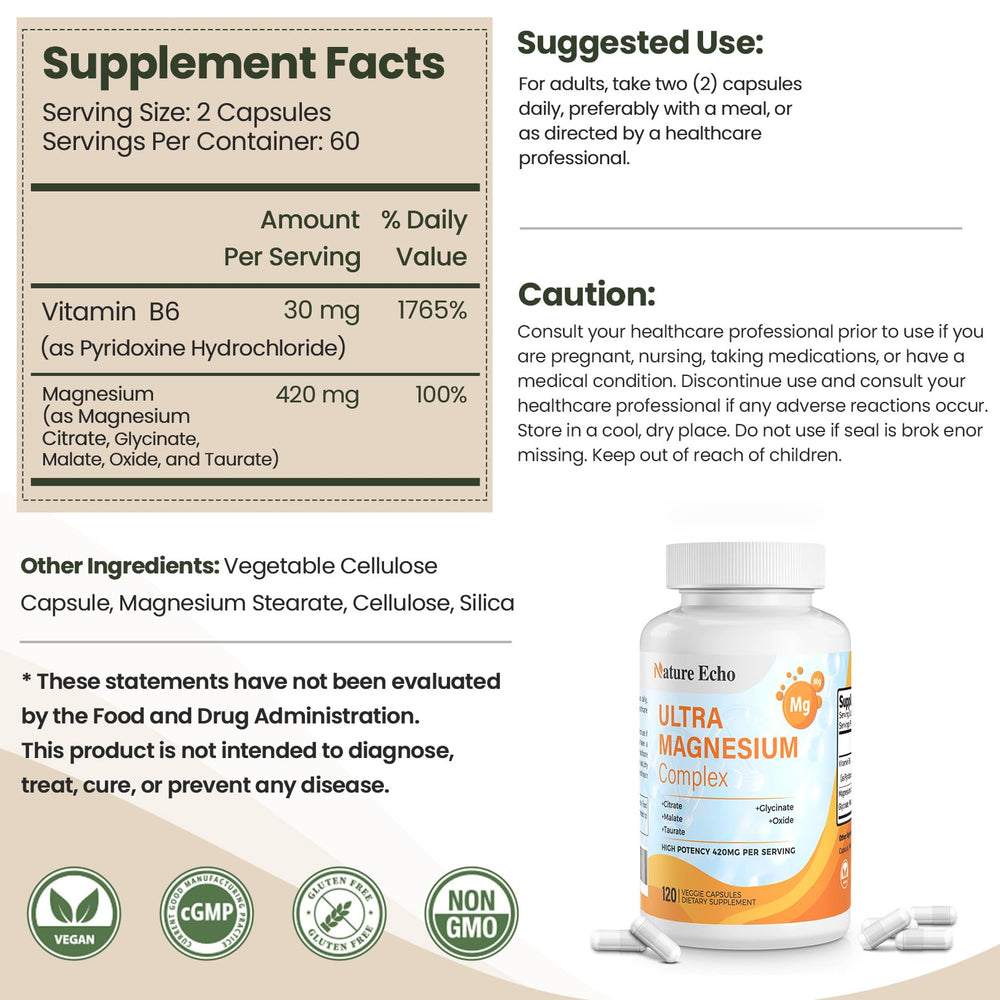 Nature Echo bottle label detail highlighting 120 capsules and 60-day supply.