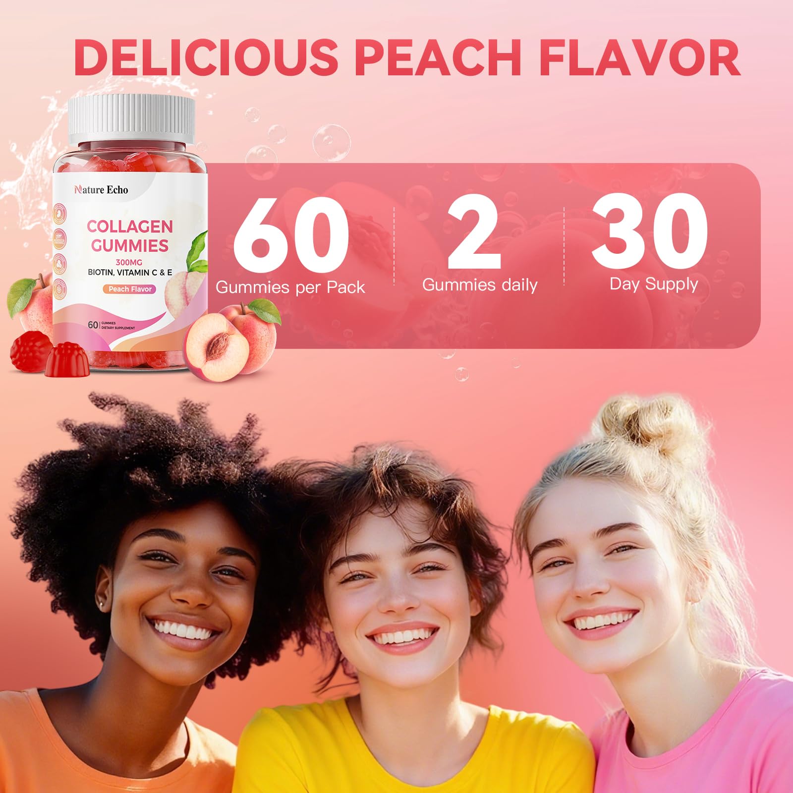 Nature Echo collagen gummies gluten-free badge on front label
