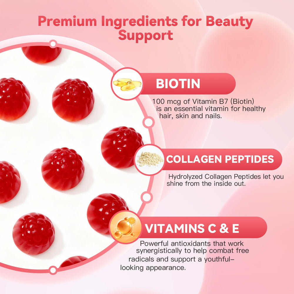 Nature Echo collagen gummies nutrition panel highlighting biotin and vitamins