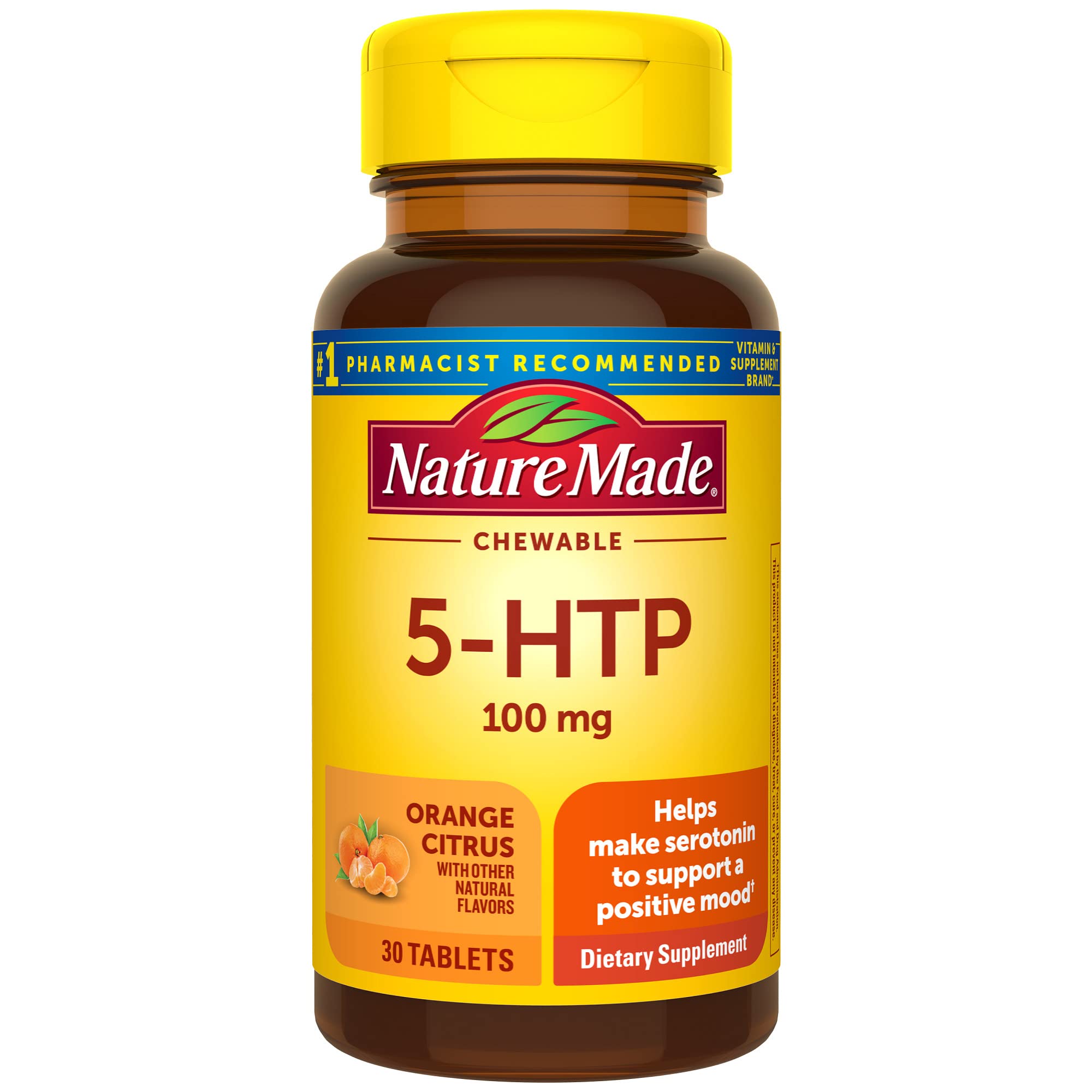 Nature Made 5HTP bottle front with label and dosage, premium mood support