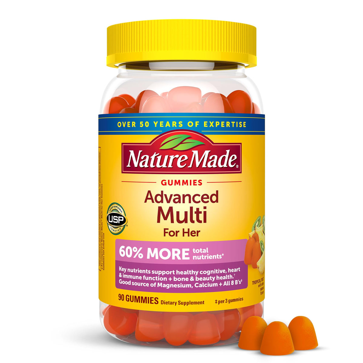 Nature Made Advanced Multivitamins for Her bottle front supports daily energy and immune function.