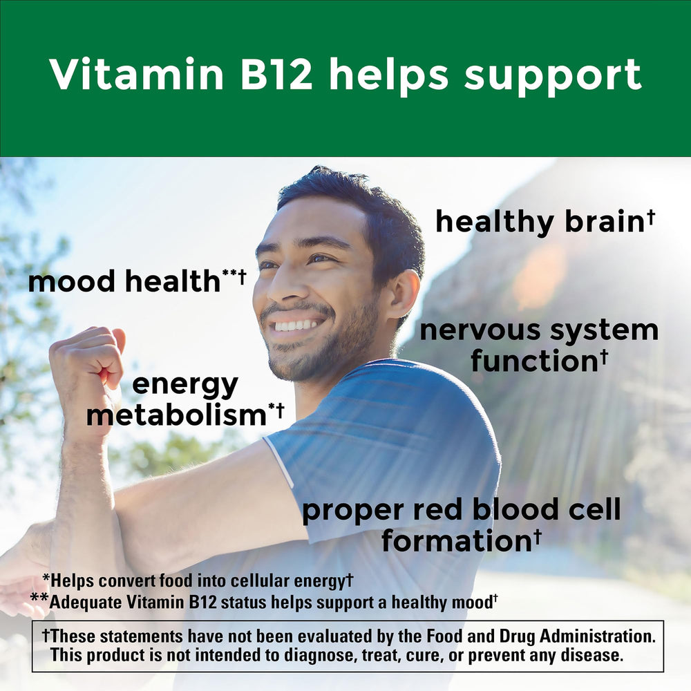 Nature Made B12 3000 mcg under-tongue tablet dissolving for easy use.