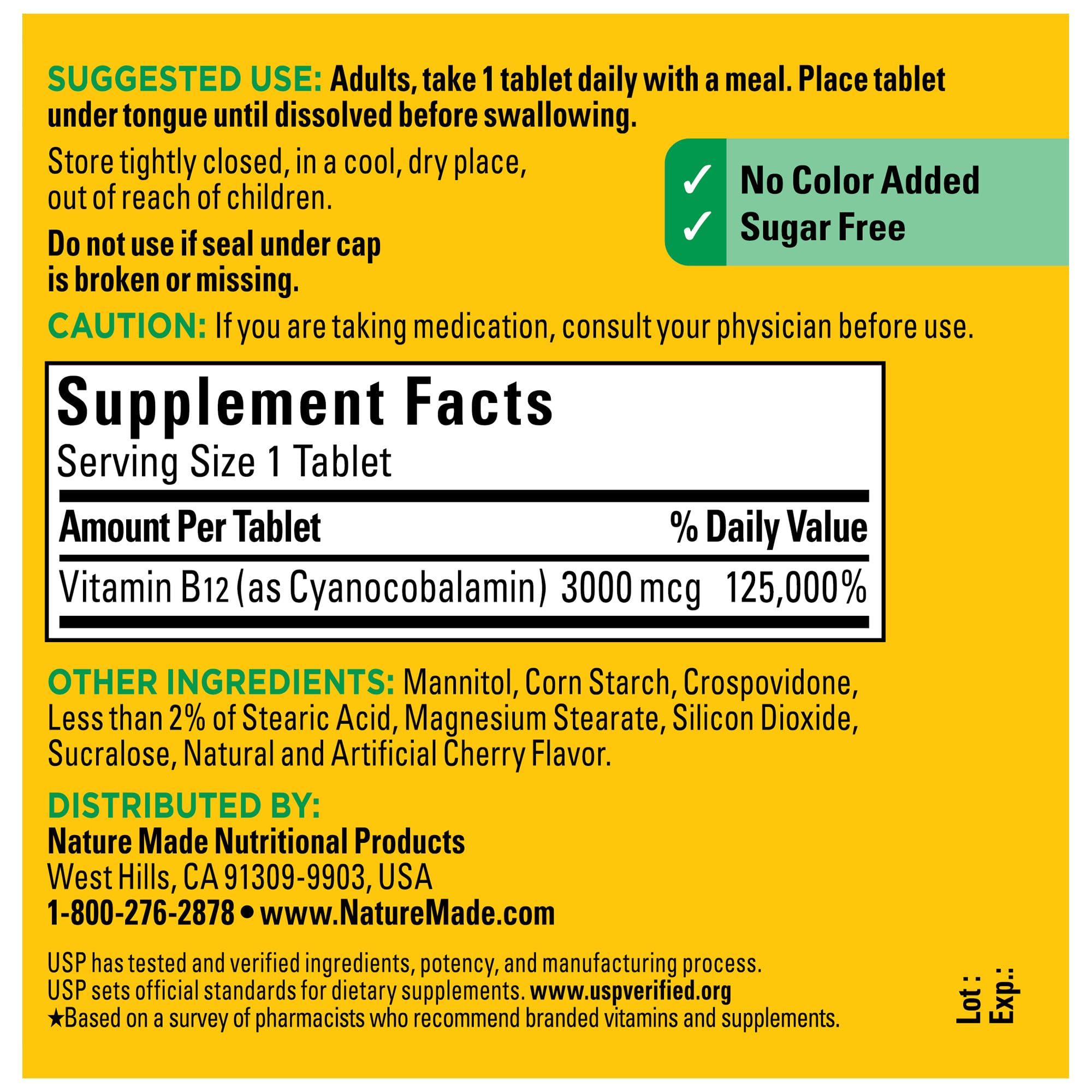Nature Made B12 3000 mcg USP-Verified badge highlights trusted standards.