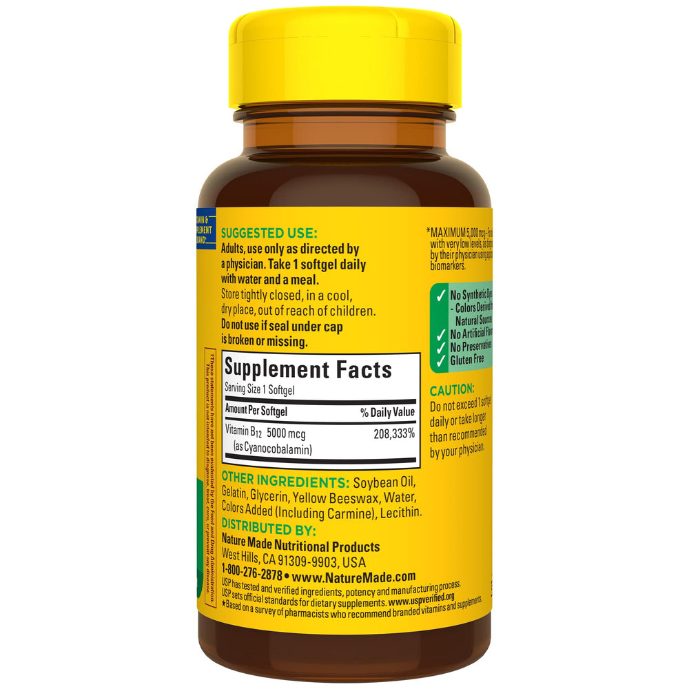 Mood and energy support with Nature Made B12 5000 mcg softgels.