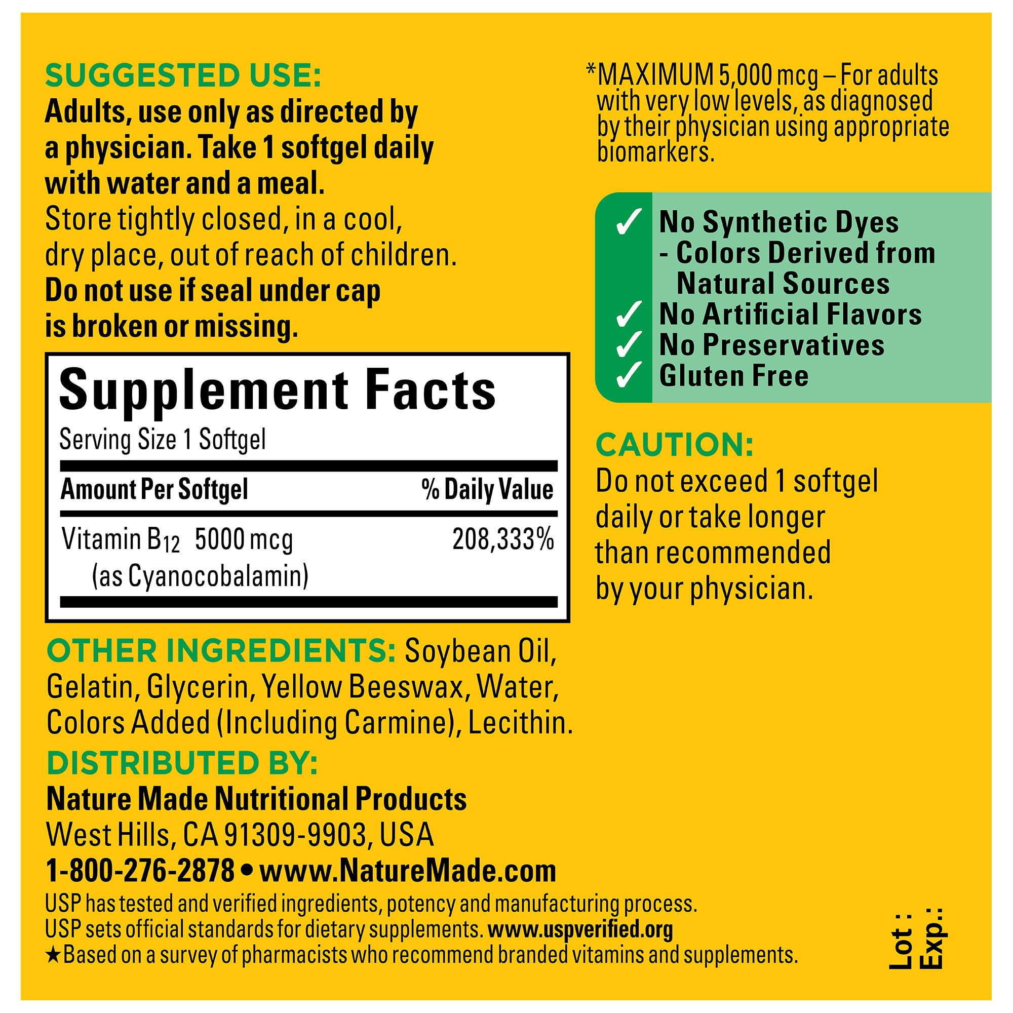 Nature Made B12 5000 mcg bottle with USP verification label.