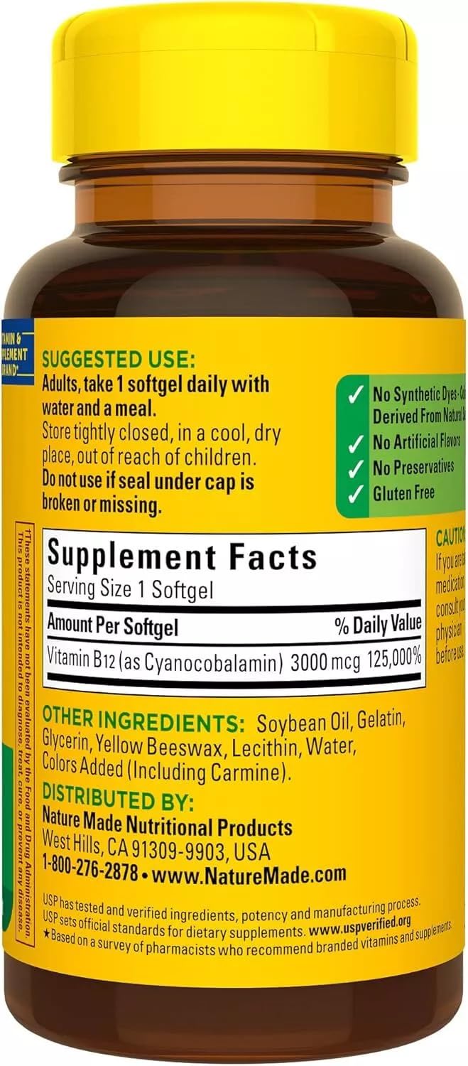 Nature Made Vitamin B-12 packaging highlighting 60-count bottles in a 3-pack.