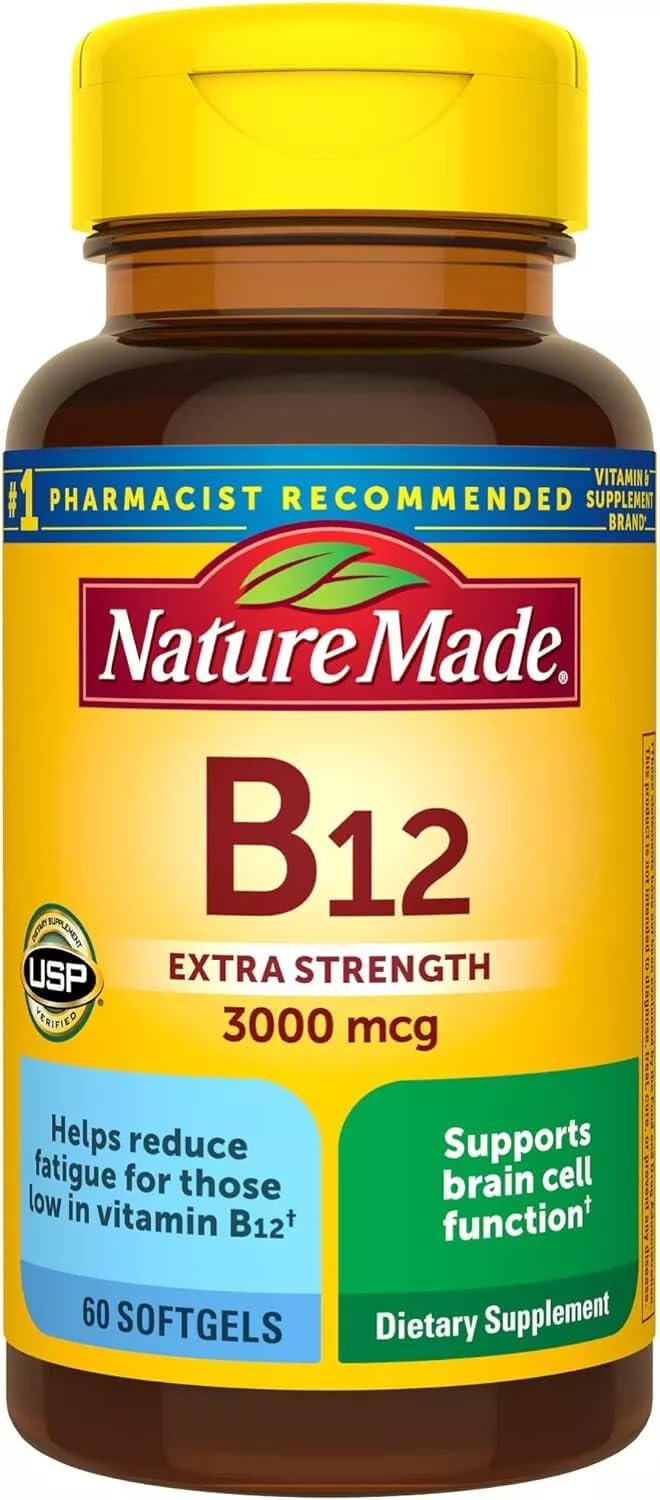 Nature Made Vitamin B-12 softgels bottle with 3000 mcg potency for daily energy.