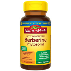 Nature Made Berberine Phytosome capsules bottle on table for easy daily supplementation.