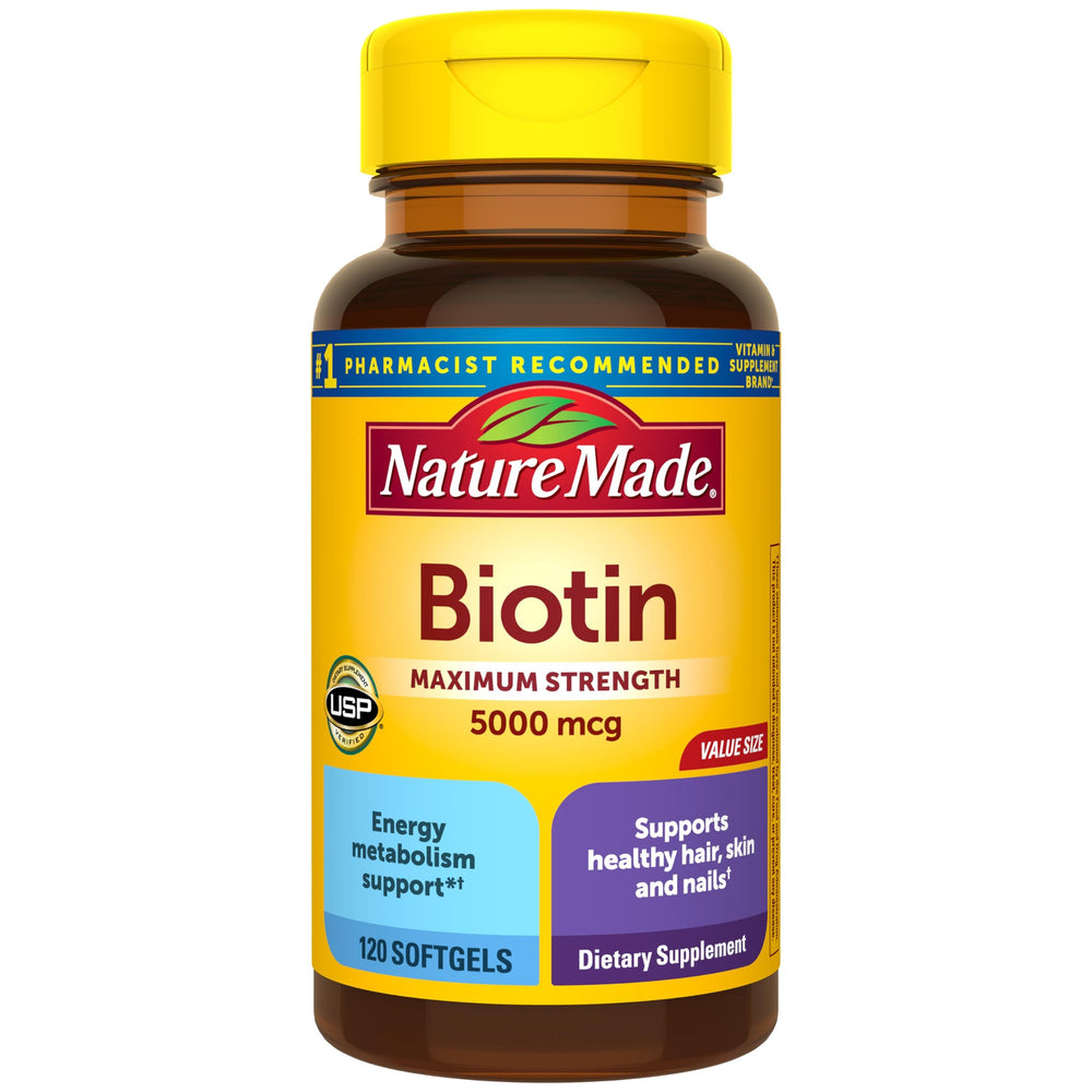 Nature Made Biotin 5000 mcg softgels bottle front promotes hair, skin, and nail health.