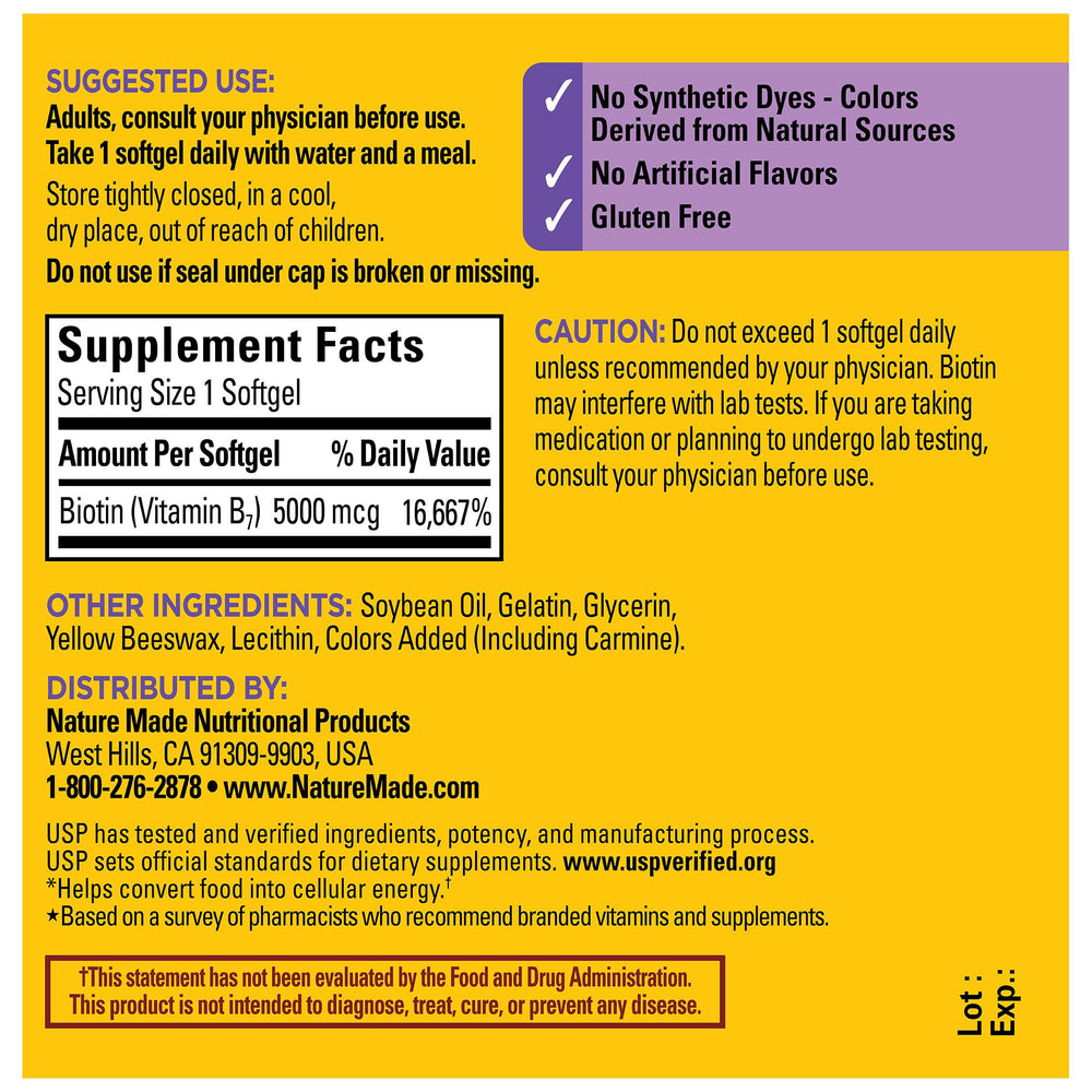 Nature Made Biotin 5000 mcg softgels label design reflects gluten-free formulation.