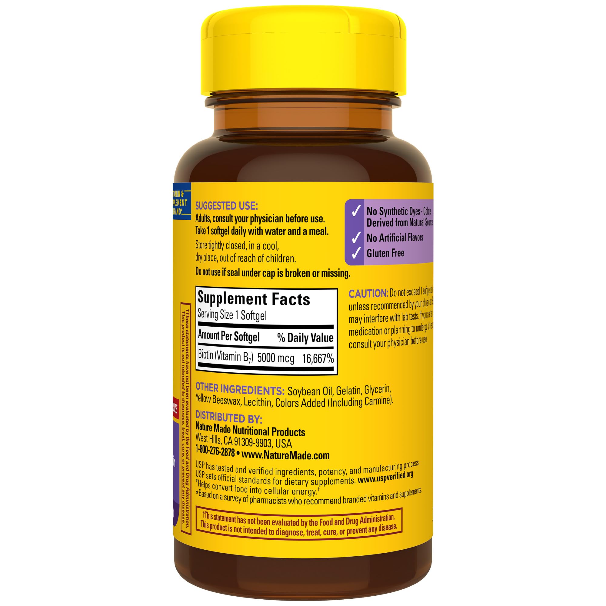 Nature Made Biotin 5000 mcg softgels USP badge underscores quality standards.