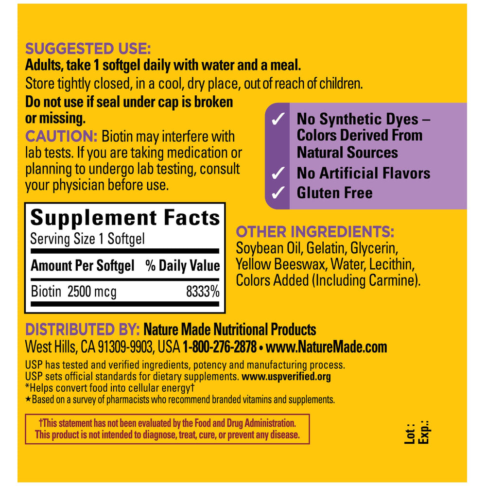 USP Verified seal highlighted on Nature Made Biotin packaging.