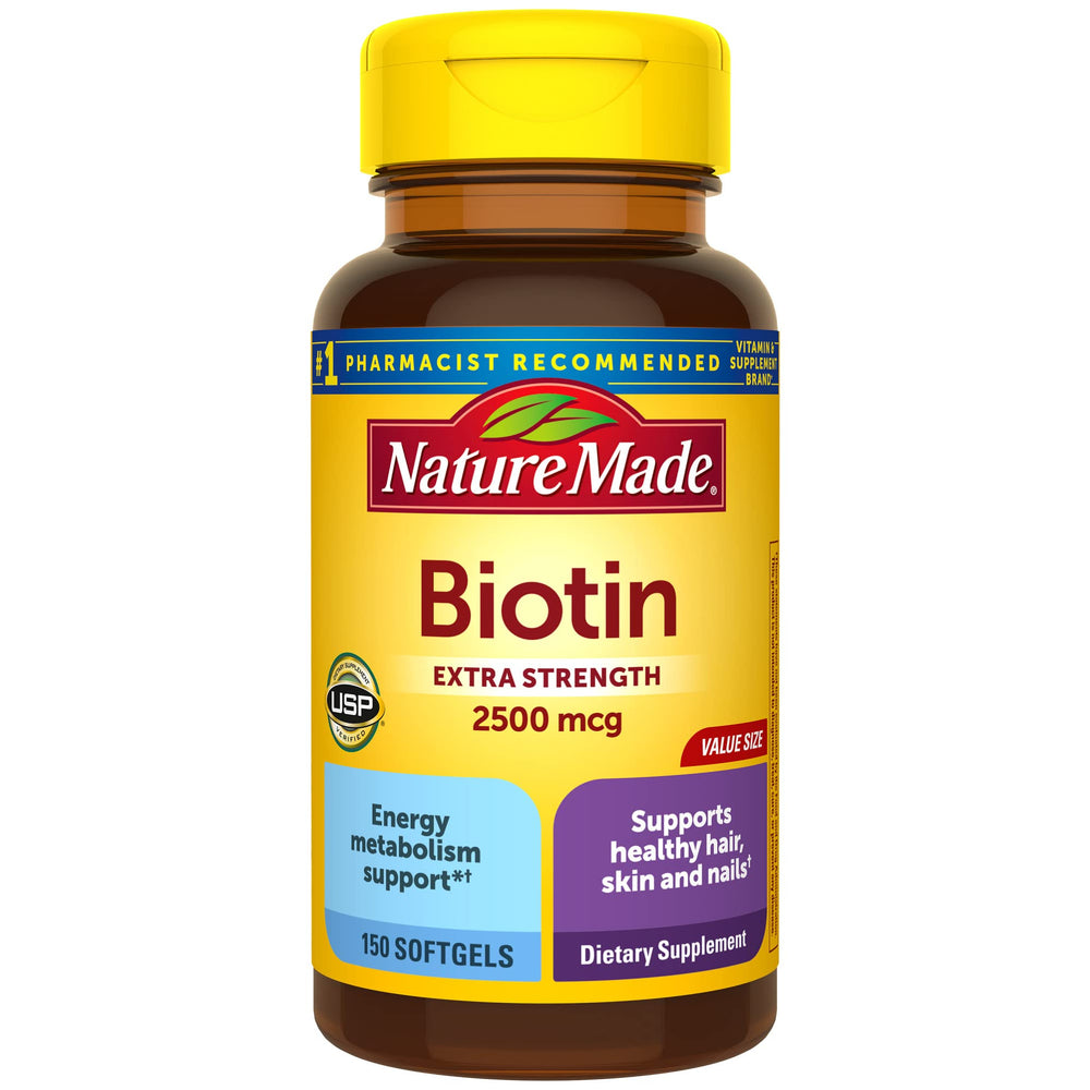 Nature Made Biotin 2500 mcg softgels bottle close-up for hair and nails support.