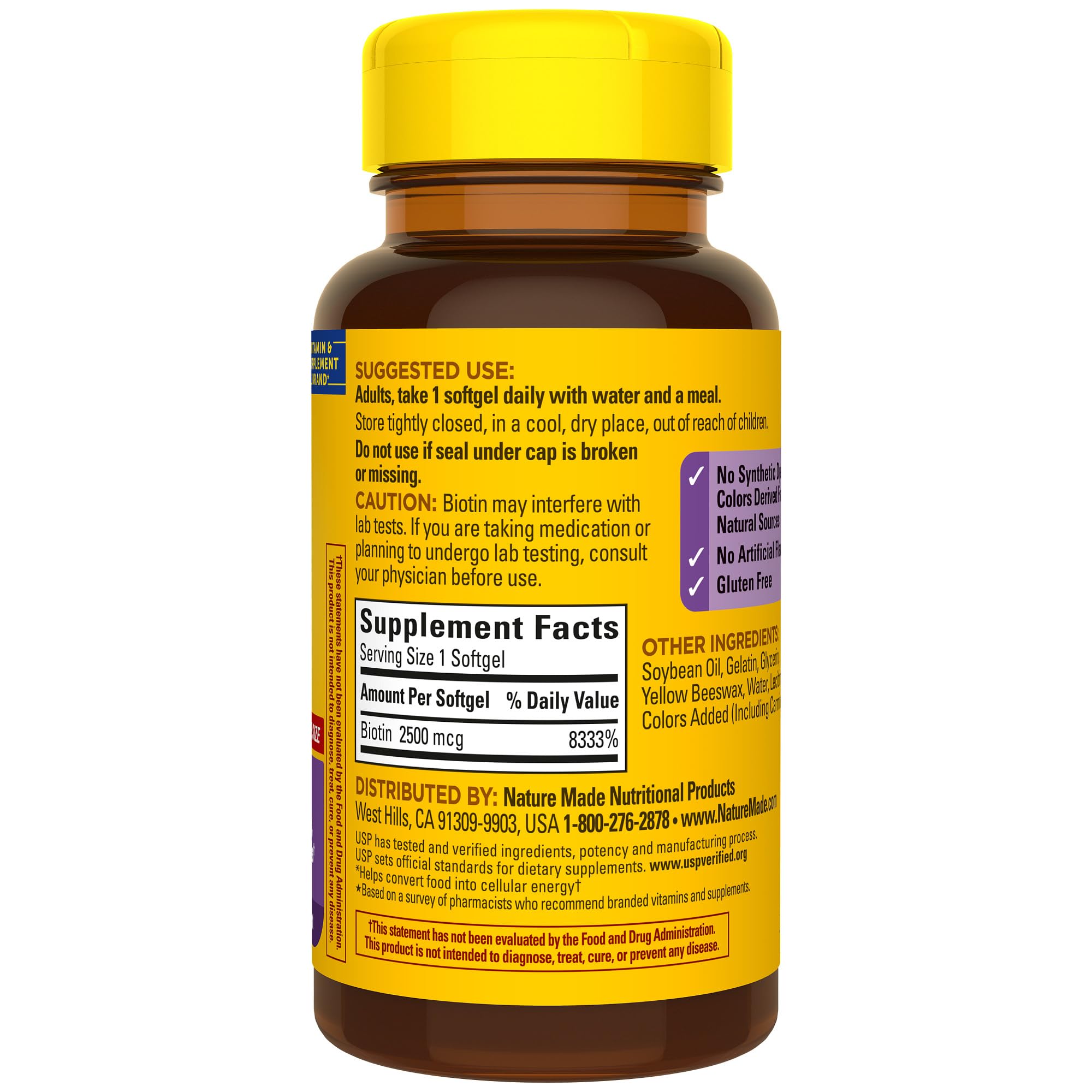 150-day supply indicator on Nature Made Biotin bottle.