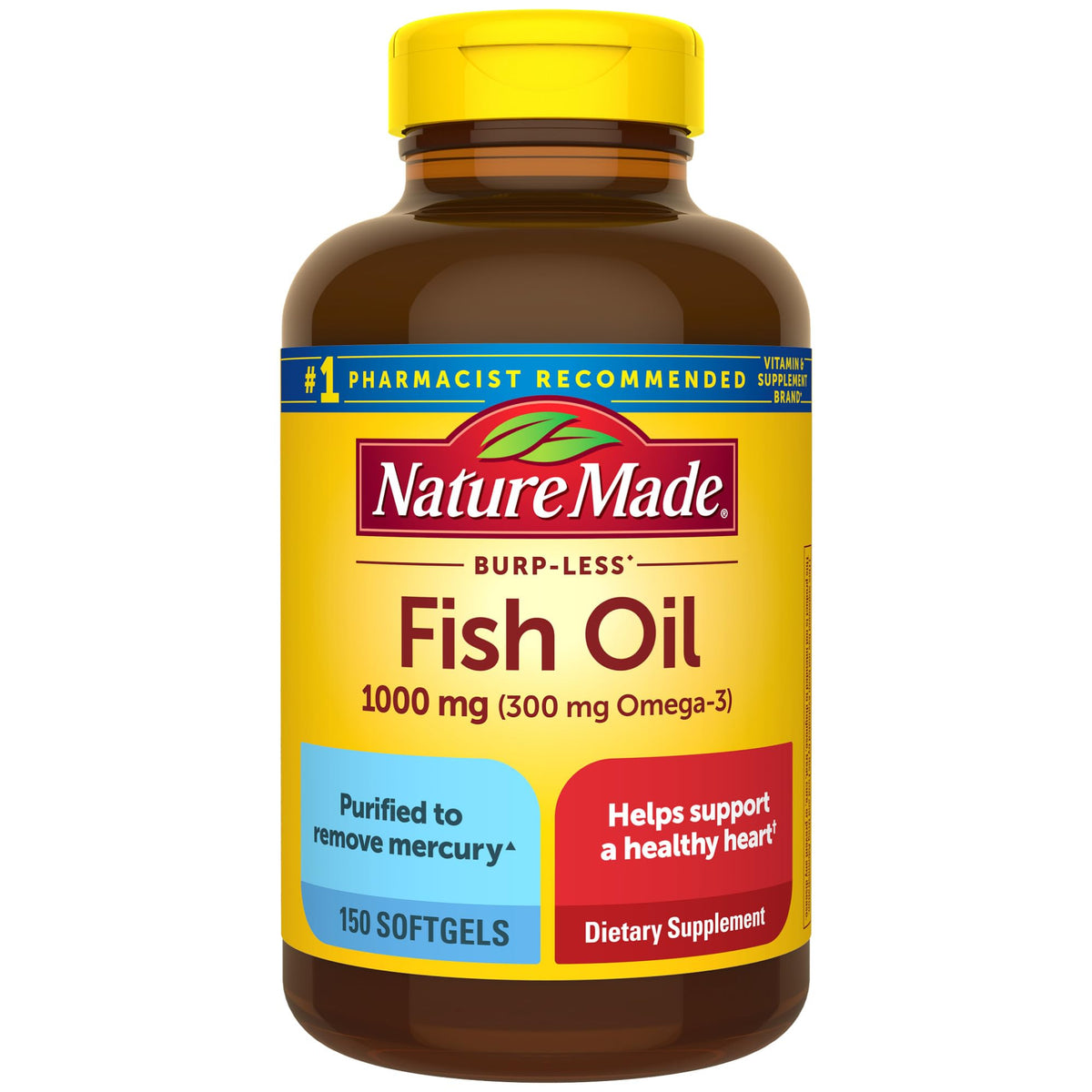 Nature Made Burp Less Fish Oil 1000 mg softgels bottle for daily omega-3 support
