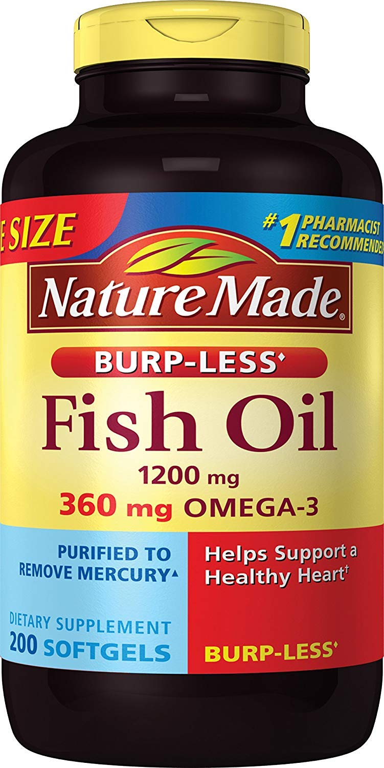 Nature Made Burp-Less Fish Oil 1200 mg bottle highlights gluten-free softgels for heart health.