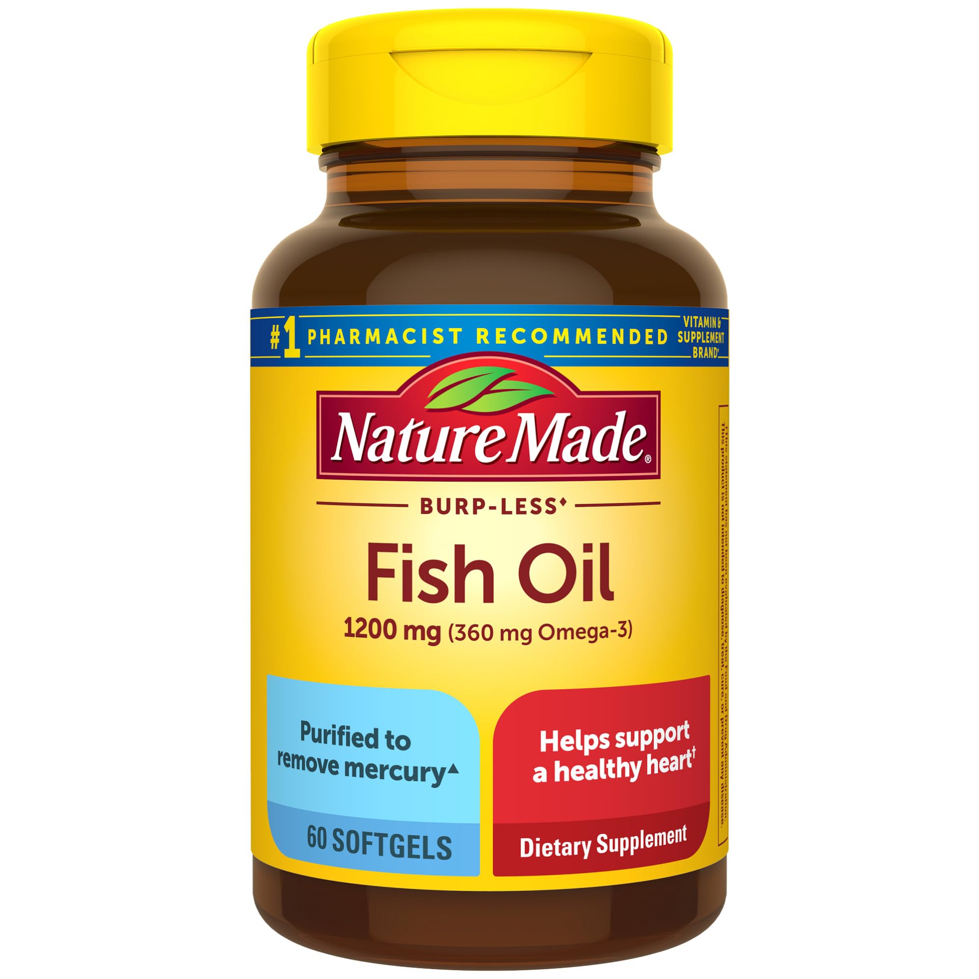 Nature Made Burp Less Fish Oil bottle front view highlighting product name and ease of use