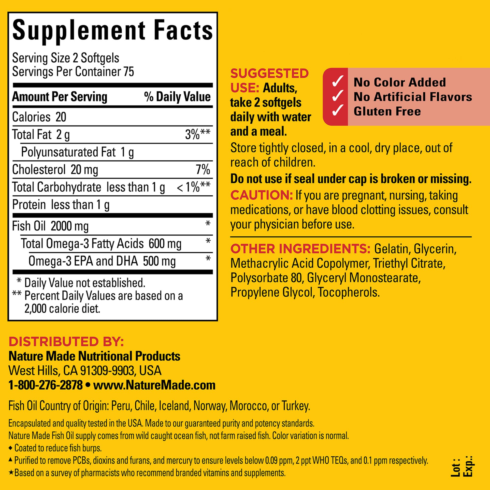 Nature Made Burp Less Fish Oil provides 600 mg Omega-3 per two softgels for EPA and DHA