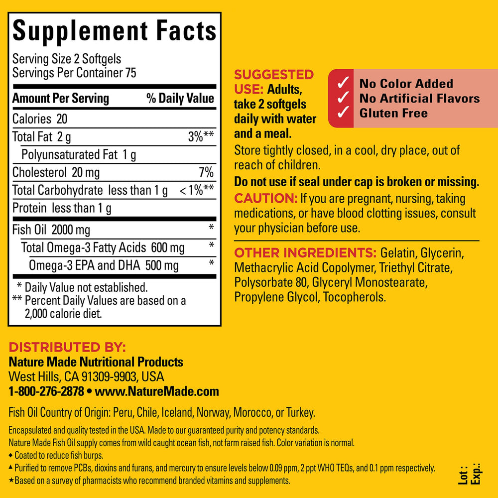 Nature Made Burp Less Fish Oil provides 600 mg Omega-3 per two softgels for EPA and DHA