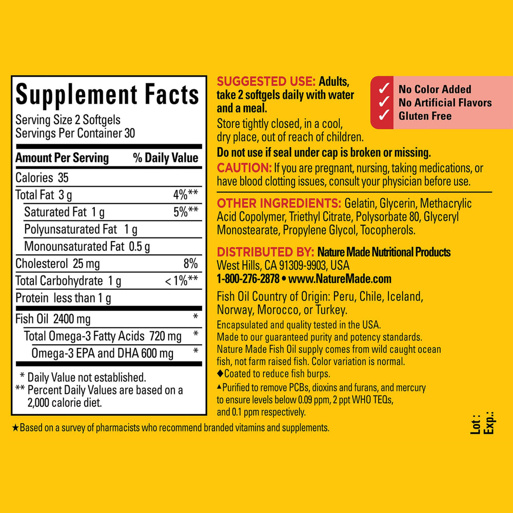 Closeup of Nature Made Burp Less Fish Oil softgels showing smooth coating