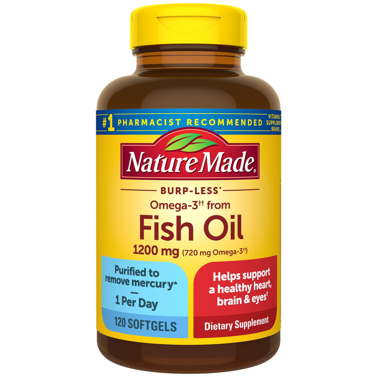 Nature Made Burp Less Omega-3 bottle with softgels for daily heart and brain support.