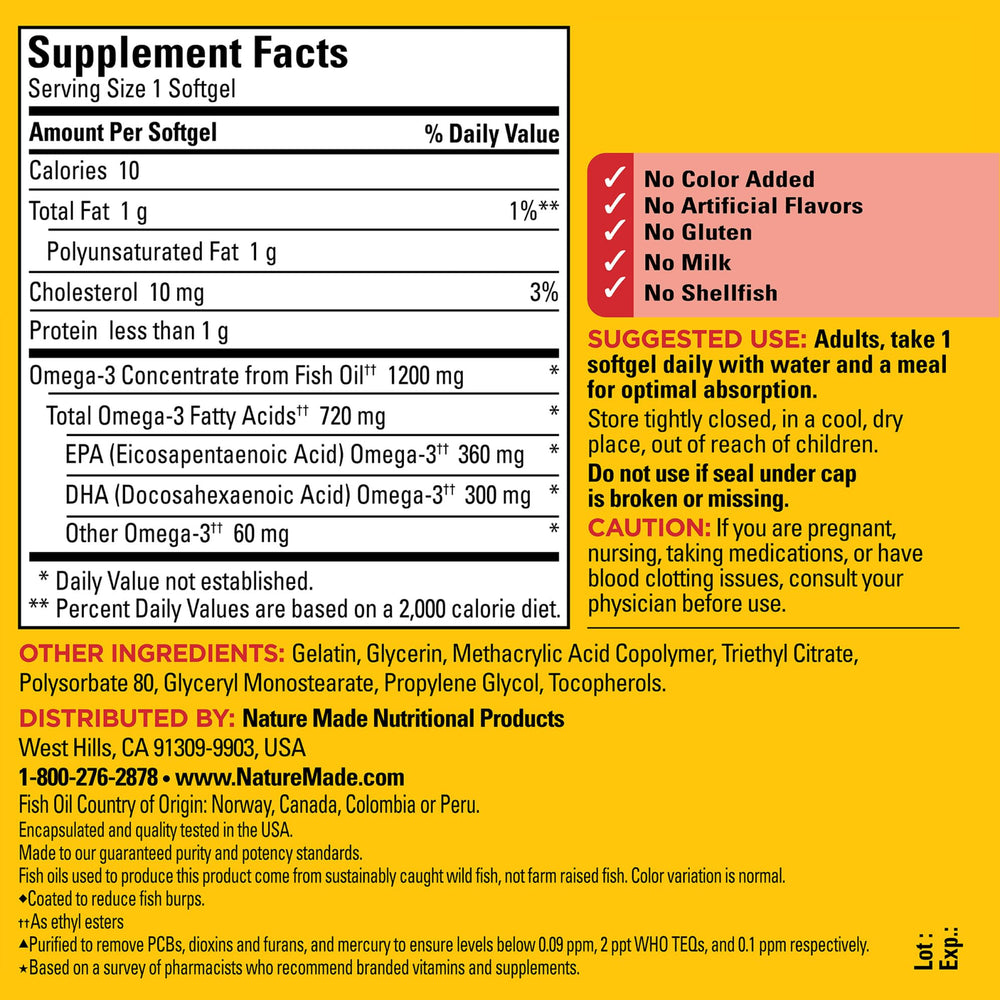 Close-up of Nature Made Burp Less Omega-3 softgel highlighting convenient daily intake.