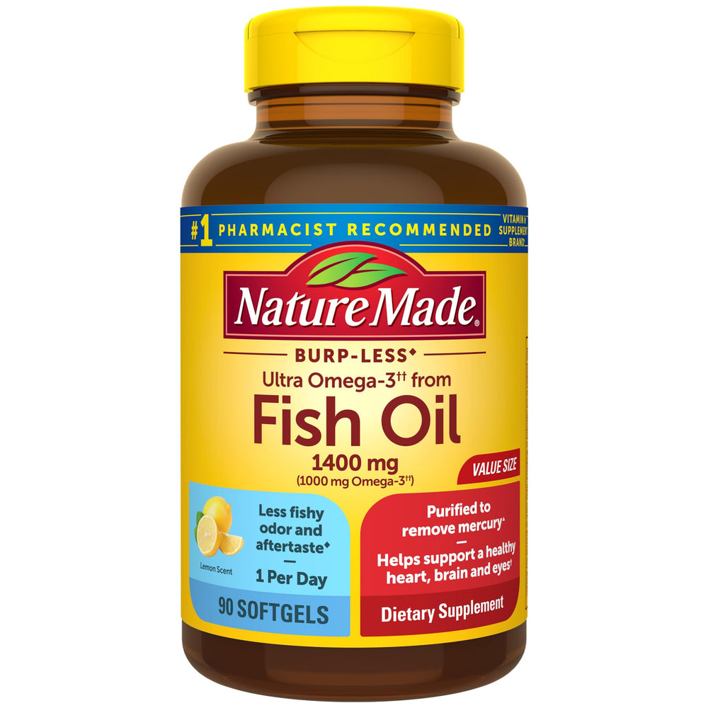 Nature Made Burp Less Ultra Omega-3 bottle front view for daily heart, brain, and eye support