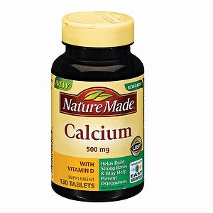 Nature Made Calcium 500 mg with Vitamin D tablets bottle, supports daily bone health.