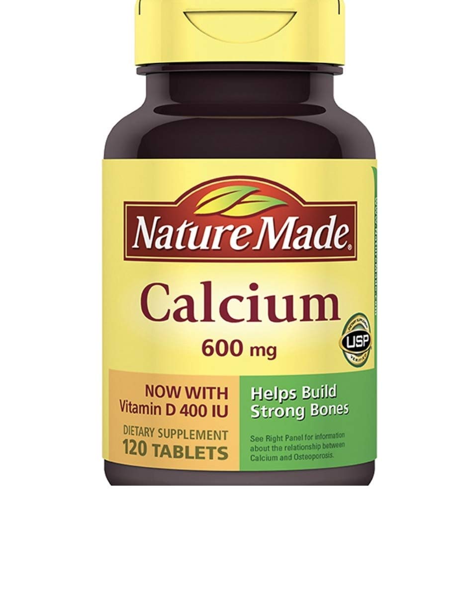 Nature Made Calcium 600 mg with Vitamin D bottle supports calcium absorption.