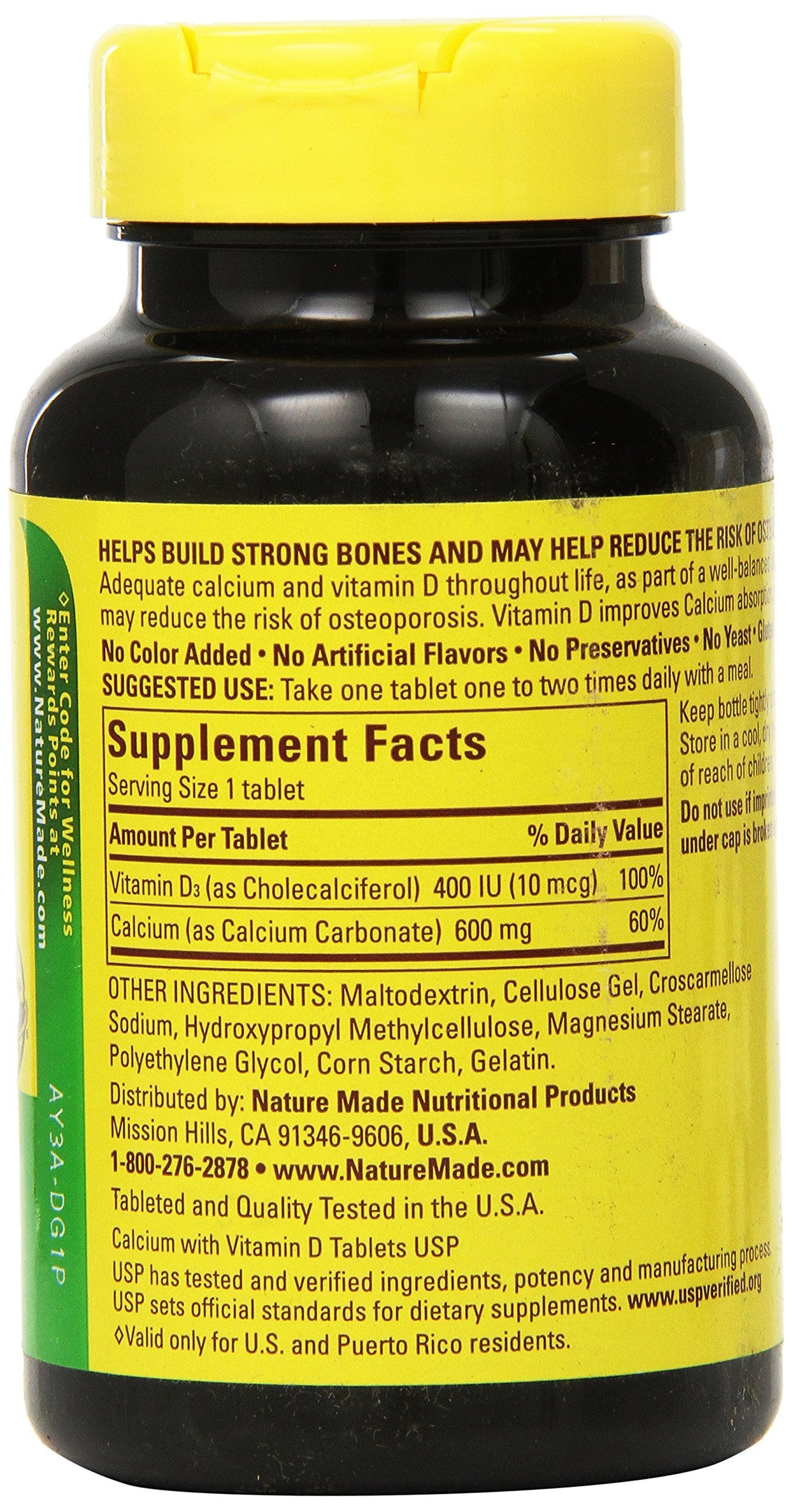 Nature Made Calcium 600 mg with Vitamin D3 label close-up highlighting absorption.
