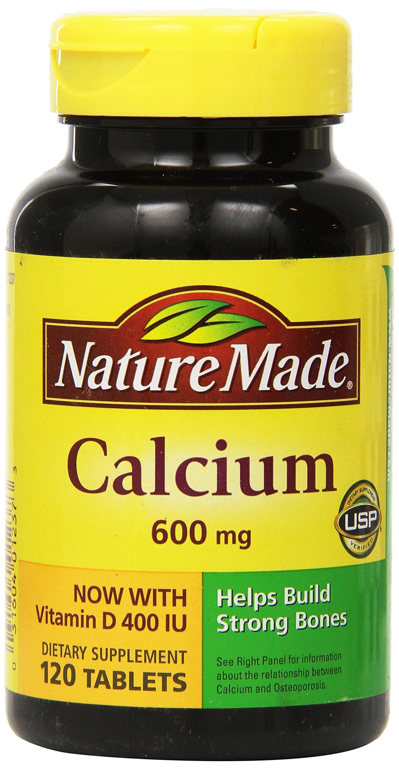 Nature Made Calcium 600 mg with Vitamin D3 tablets in bottle, supporting bone health.