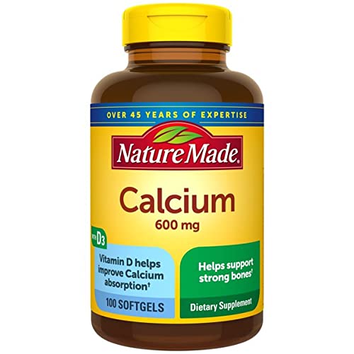 Nature Made Calcium 600 mg with Vitamin D bottle front supports bone health.