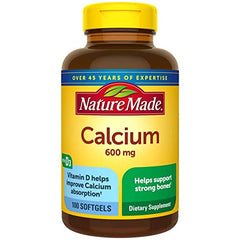 Nature Made Calcium 600 mg with Vitamin D bottle front supports bone health.