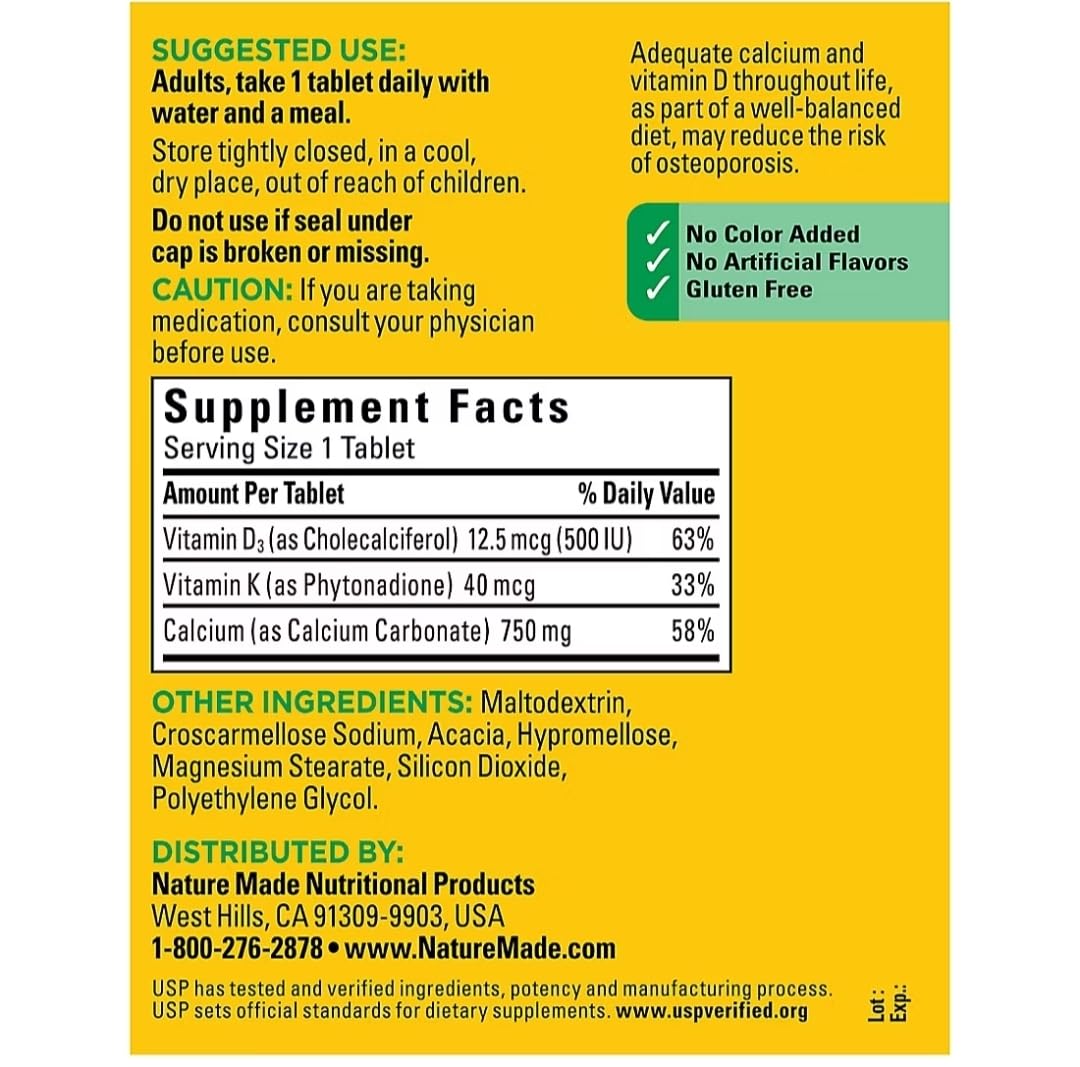 Nature Made Calcium 750 mg with D3 & K bottle in use during daily routine