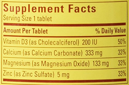 Nature Made Calcium Magnesium & Zinc Tabs dosage panel showing serving size and guidance