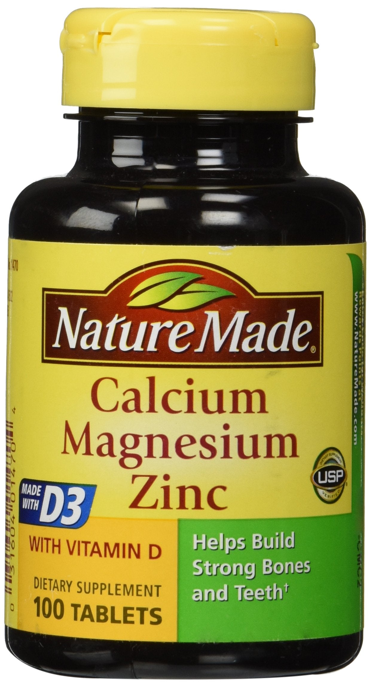 Nature Made Calcium Magnesium & Zinc Tabs front bottle view, supports daily bone health