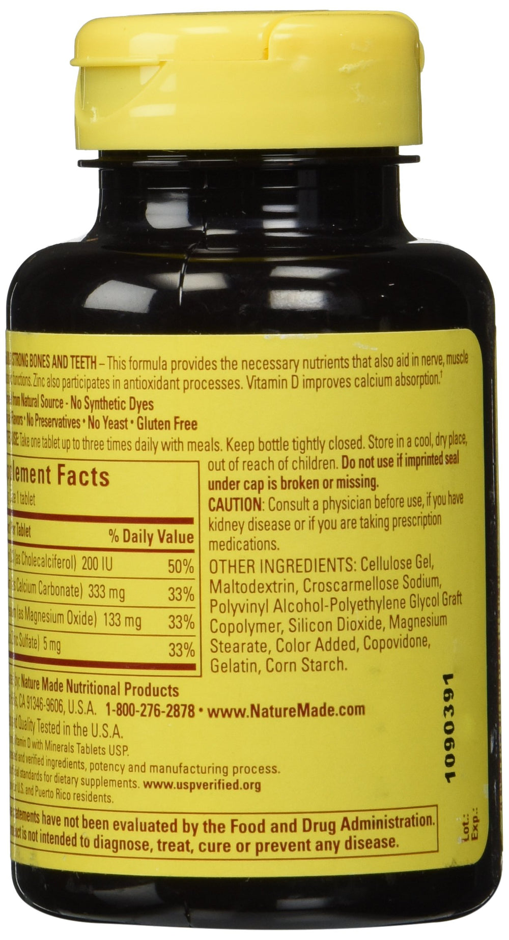 Nature Made Calcium Magnesium & Zinc Tabs bottle close-up of ingredients, highlights mineral pairing