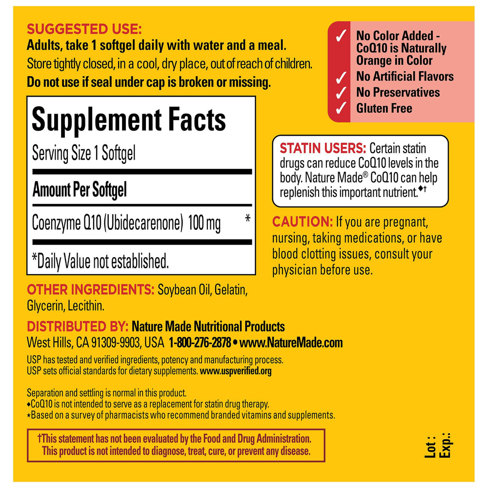 Nature Made CoQ10 bottle top view showing easy-to-take softgels